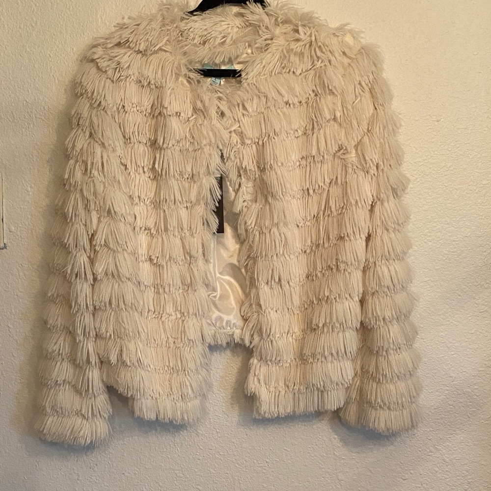 She + Sky Cream Fringe Faux-Fur Teddy Jacket